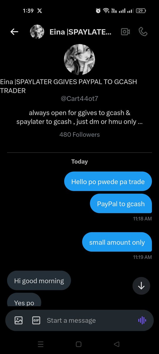 jesclaims's tweet photo. Hello guys beware of this account @Cart44ot7 nagpa trade ako ng PayPal to gcash..unti lang naman yun, pero after ko masend sabi e check daw nya hanggang sa di na nag reply gago. https://t.co/LO7NuAKZGa