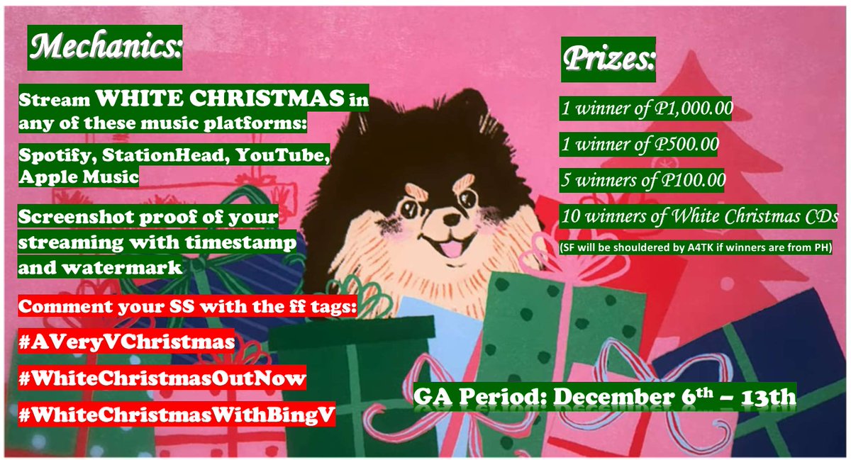 all_4_taekook's tweet photo. A4TK Giveaway 03 🎁

☃️🎄 WHITE CHRISTMAS
Streaming Giveaway

PRIZES:
☃️ 1 winner of Php 1,000.00 
☃️ 1 winner of Php 500.00
☃️ 5 winners of Php 100.00
☃️ 10 winners of White Christmas CD (random)

#AVeryVChristmas
#WhiteChristmasOutNow
#WhiteChristmasWithBingV

▪︎ must be following our account
▪︎ like and repost
▪︎ see mechanics below ⬇️⬇️⬇️