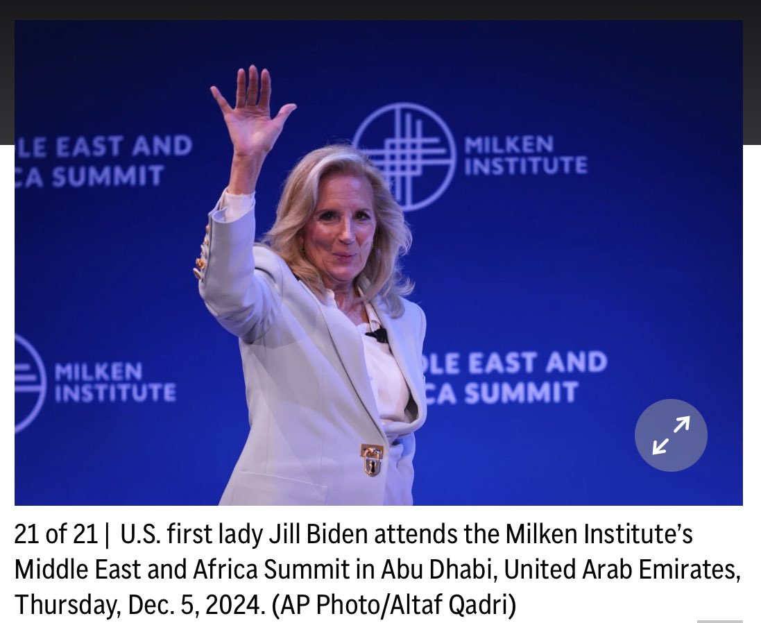 CurtisSChin's tweet photo. #UAE 🇦🇪 ABU DHABI — @FLOTUS Jill Biden praised efforts to fight cancer &amp; called for more attention on women’s health issues as part of her final solo foreign tour as U.S. first lady. 

📸: via @AP @AP_Images at @MilkenInstitute #MIGlobal #MEAsummit 

https://t.co/7CyarEiMWg https://t.co/SkcCj60uAj