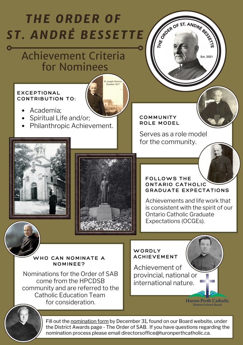 The #HPCDSB is seeking nominations for the Order of #StAndréBessette from our school community. ✅Review the criteria on the OSAB District Award page on our website here: tinyurl.com/246vv6m8. ☑️Then, fill out the Nomination Form by December 31 here: forms.gle/5RkmAdPt4v2VLY…