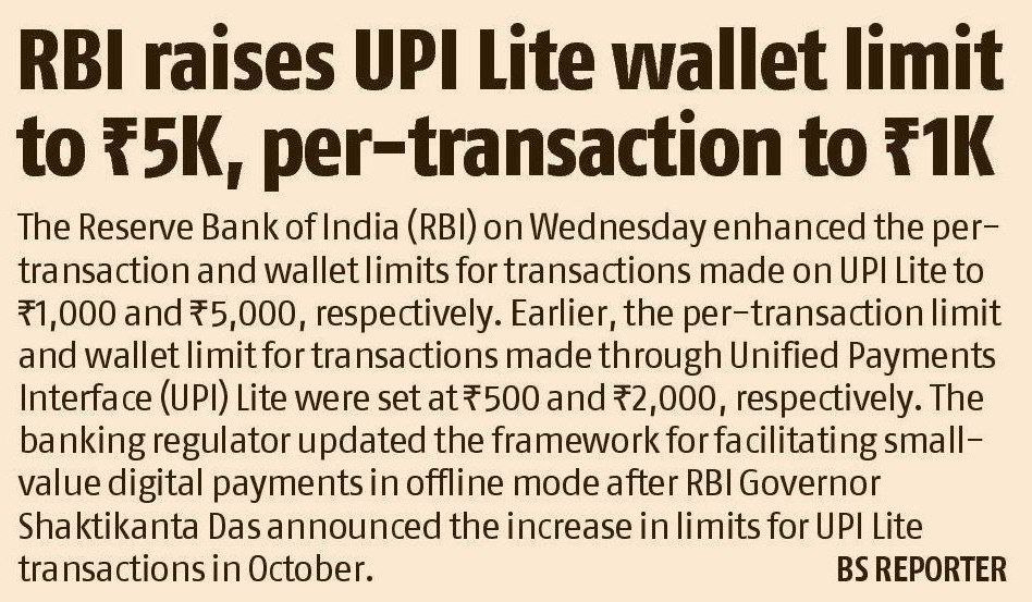 Value_of_Growth's tweet photo. RBI raises UPI lite wallet limit to ₹5,000 &amp; per transaction limit to 1000
@dmuthuk @BrianFeroldi

#RBI #UPI #upiwallet #transaction #incometax #digitaltransformation https://t.co/URn3l5BE1s