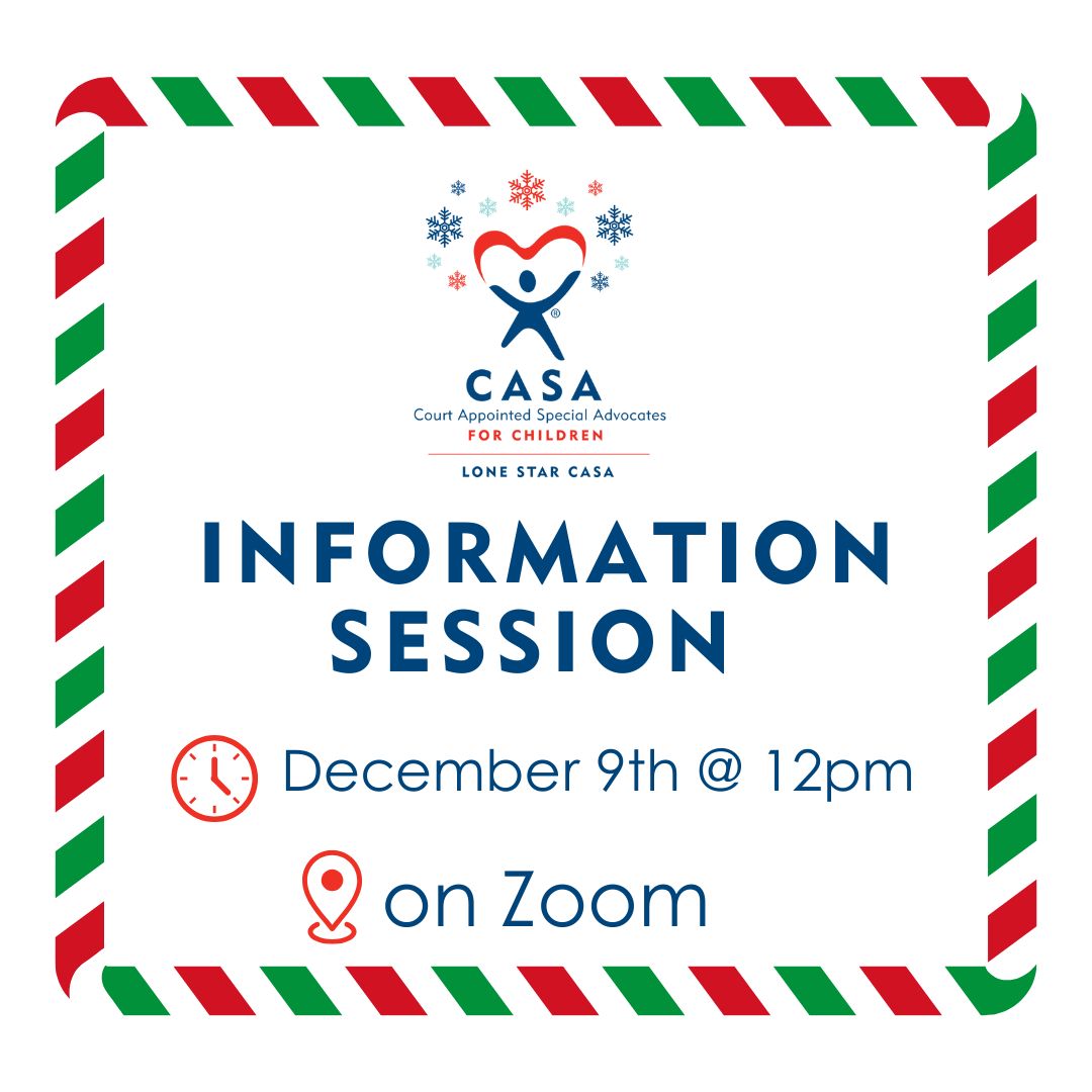 🎄✨ Info Session: Be the light for a Child in Need ✨🎄
 Learn how YOU can make a difference in a child's life this holiday season and beyond.

Email barbara@lonestarcasa.org learn how you can help bring light into a child’s life. 

 #HolidayGiving  #Volunteer #MakeADifference