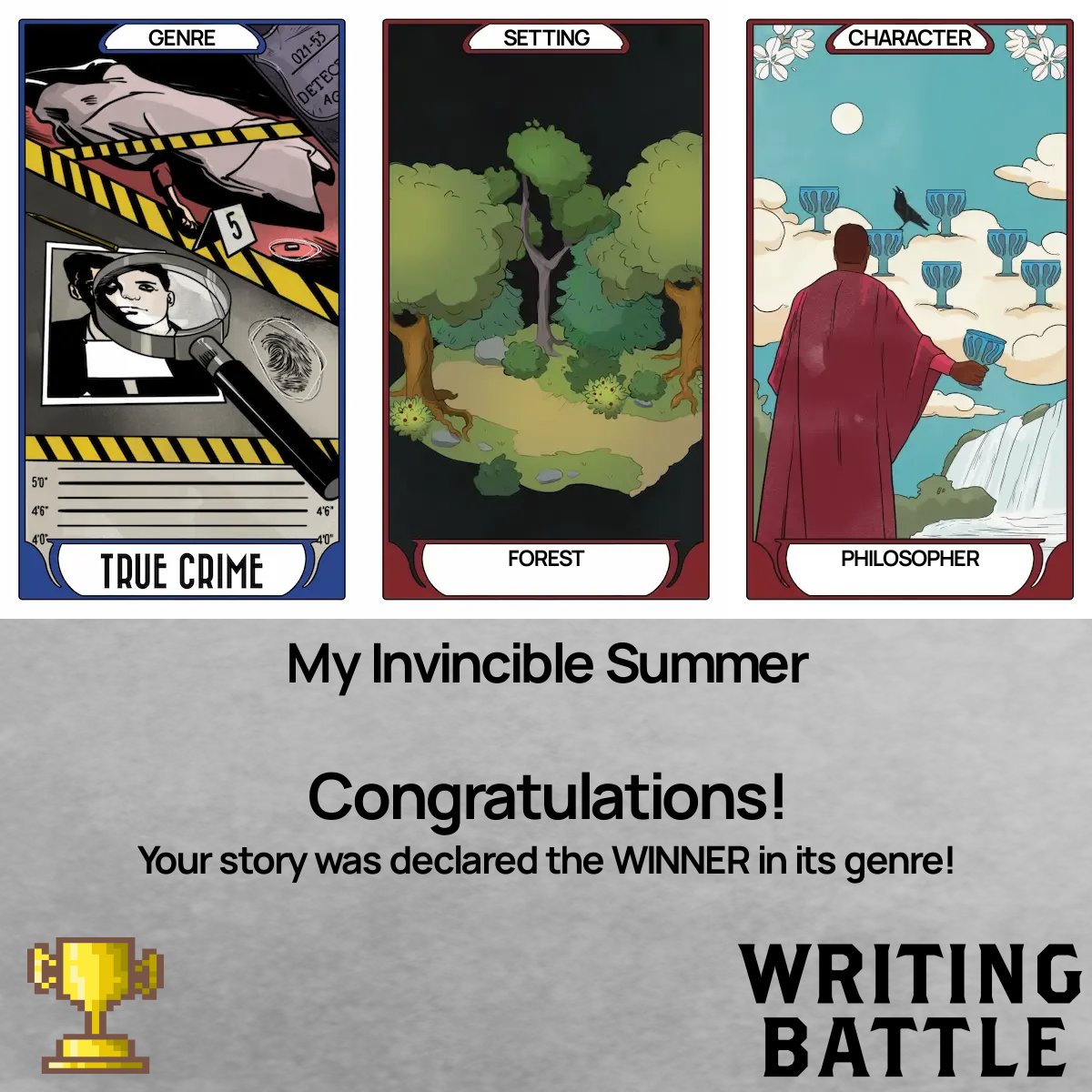 Honored to have again won Writing Battle's Autumn Short Story contest! Congratulations to all participants. This was a truly wonderful crop of stories.