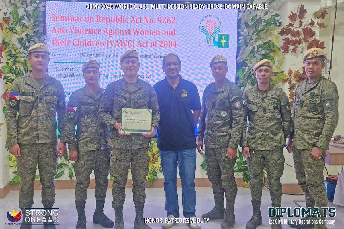Nine1Diplomats's tweet photo. Violence Against Women and their Children Seminar

#AFPyoucanTRUST
#PhilippineArmy
#StrongUnitedReliable
#KaagapayNgMgaBikolano https://t.co/k2WoKpgFPs
