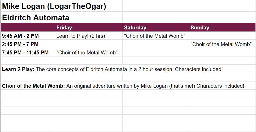 Hey are you attending PAX Unplugged?

You should sign up for my games this weekend! I running sessions of Eldritch Automata on behalf of its publisher Gehenna Games!

E//A is a game about piloting mechs that use your humanity as a resource against Eldritch Horrors! Fun!