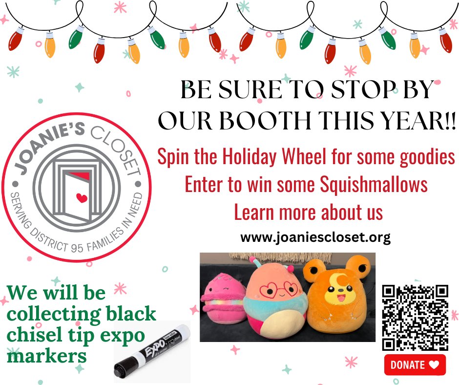 LZ95JoaniesClst's tweet photo. Stop by the Joanie's Closet booth at Miracle on Main in Lake Zurich this Saturday! Be sure to spin the Wheel for a little prize or for a chance to enter a raffle to win a Squishmallow!! 🐻❄️

We will be collecting Black Expo markers! https://t.co/lKDvLG59X5