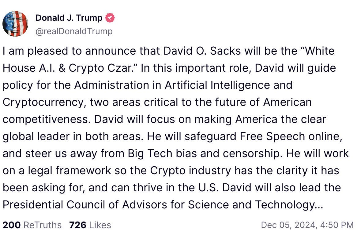 We now have a Crypto &amp; AI Czar in the White House.

Congrats <a href="/DavidSacks/">David Sacks</a>, looking forward to working with you!