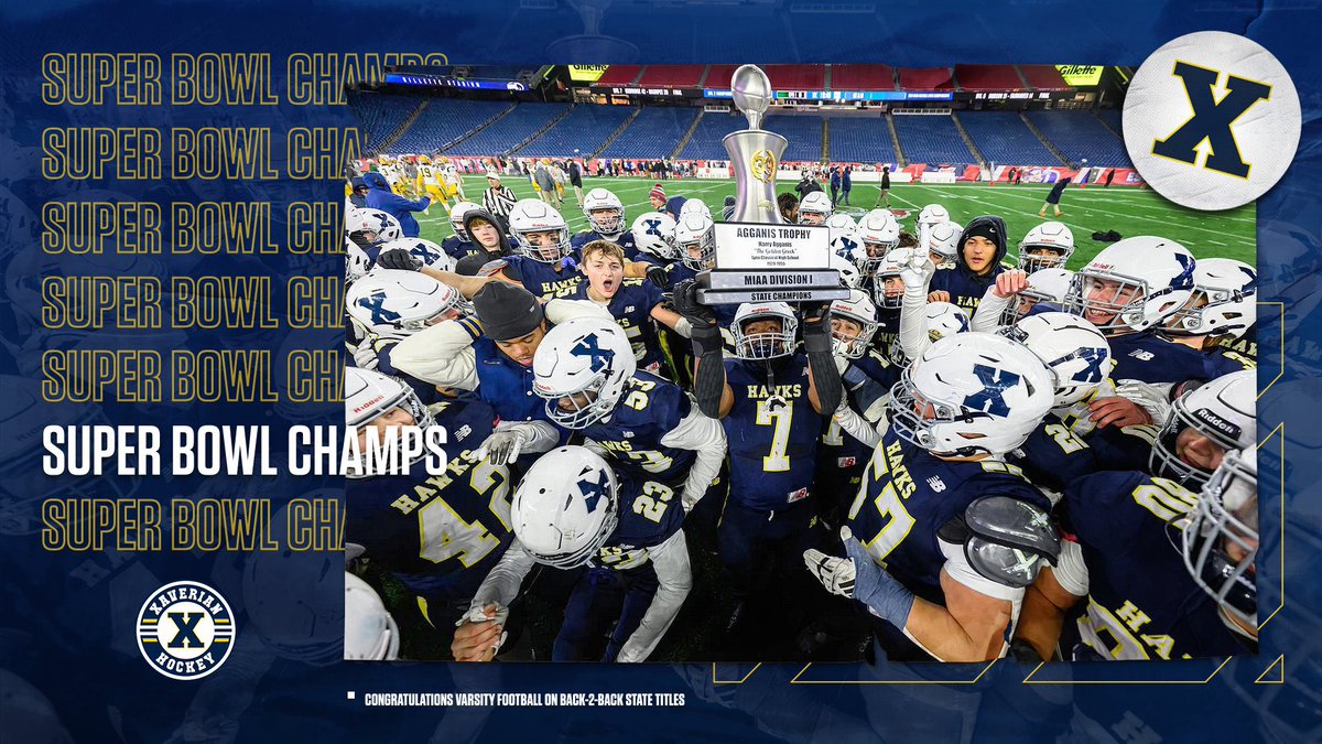 XaverianHockey's tweet photo. Congratulations @XBHS_Football winning their 10th state title and Back-2-Back Super Bowl wins 💍💍 #team59 #back2backships https://t.co/I47YkseAwz