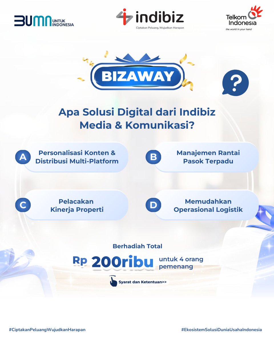 IndibizJBN's tweet photo. #BIZWAYTIME
Dapatkan hadiah saldo LinkAja total 200k dengan menjawab pertanyaan ini
Jangan sampai terlewat 1 syarat pun, karena minbiz akan memantau terus syarat wajibnya!  
#indibiz #indbizJBN #CiptakanPeluangWujudkanHarapan #JBNTips #JBNInfo #JBNNews #Giveaway https://t.co/N7kyfbyhpV