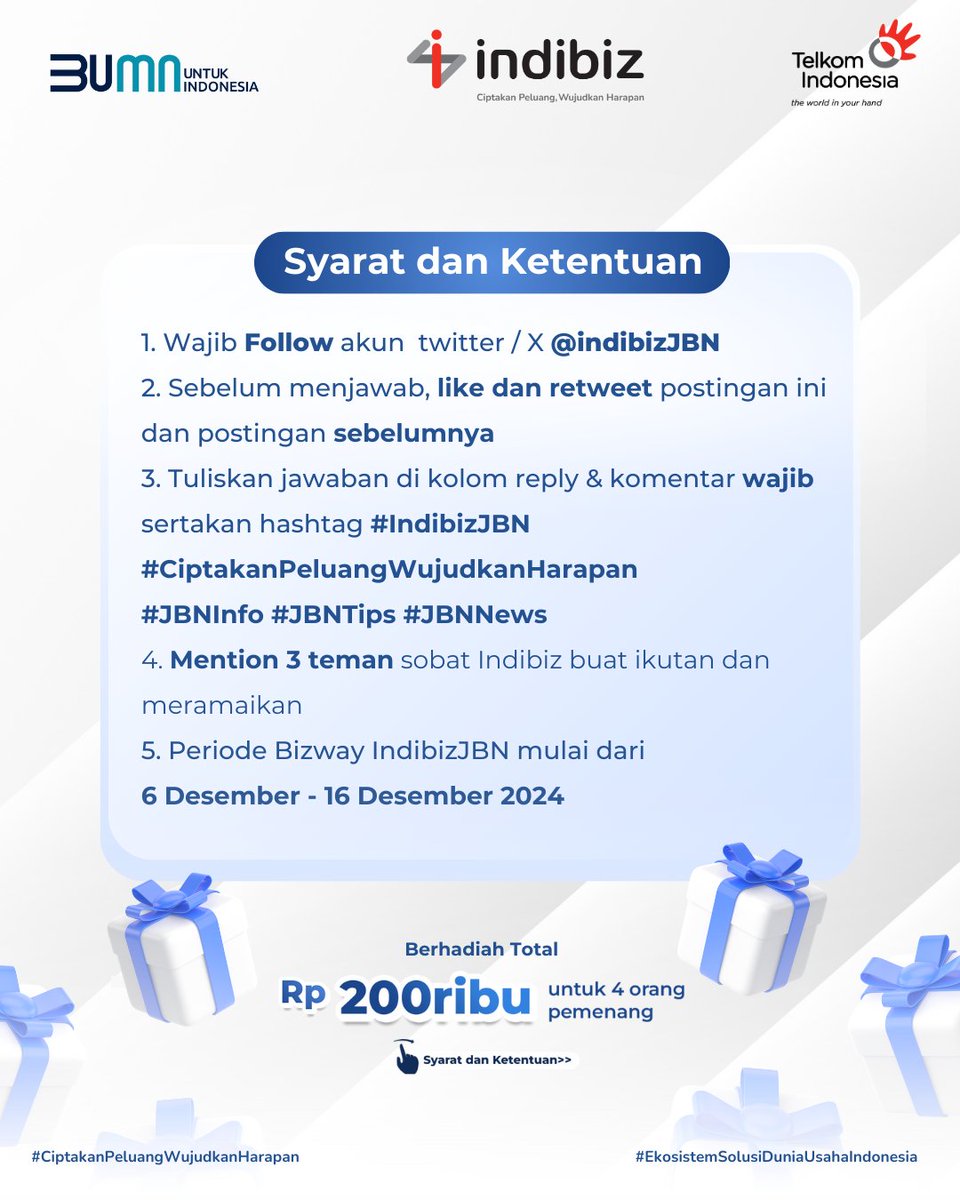 IndibizJBN's tweet photo. #BIZWAYTIME
Dapatkan hadiah saldo LinkAja total 200k dengan menjawab pertanyaan ini
Jangan sampai terlewat 1 syarat pun, karena minbiz akan memantau terus syarat wajibnya!  
#indibiz #indbizJBN #CiptakanPeluangWujudkanHarapan #JBNTips #JBNInfo #JBNNews #Giveaway https://t.co/N7kyfbyhpV