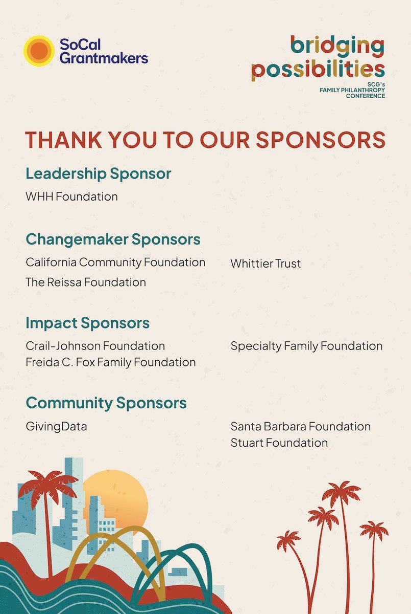 Day One of SCG's Family Philanthropy Conference takes place TOMORROW, December 6, 2024! Thank you to conference sponsors for your support in making our signature family event happen. SCG is grateful for your partnership, and we look forward to bridging new possibilities together.
