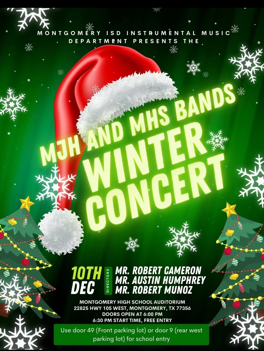 FREE Admission! Doors open at 6 PM. Hope to see you there! <a href="/BandMontgomery/">Montgomery Band Boosters</a> <a href="/mhs_bears/">Montgomery High School</a>