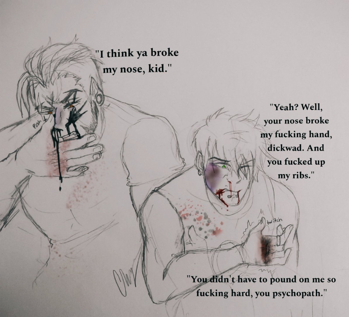 Springydeath's tweet photo. Officer: What's your relationship to Blake Stahller?

Zeke: It's complicated.
#originalcharacterart #myocs #traditionalart https://t.co/Lc0H7EZyX6