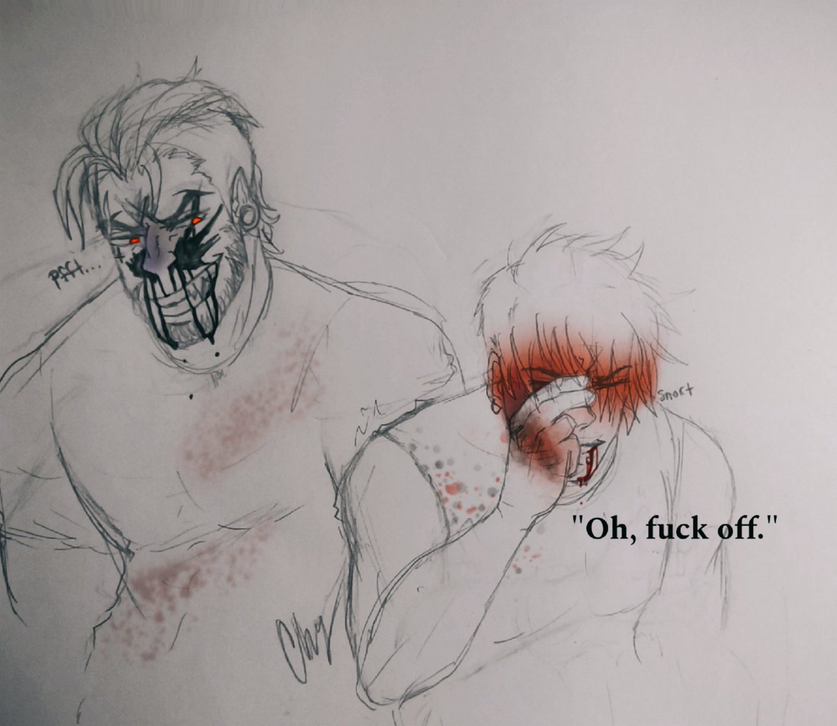 Springydeath's tweet photo. Officer: What's your relationship to Blake Stahller?

Zeke: It's complicated.
#originalcharacterart #myocs #traditionalart https://t.co/Lc0H7EZyX6