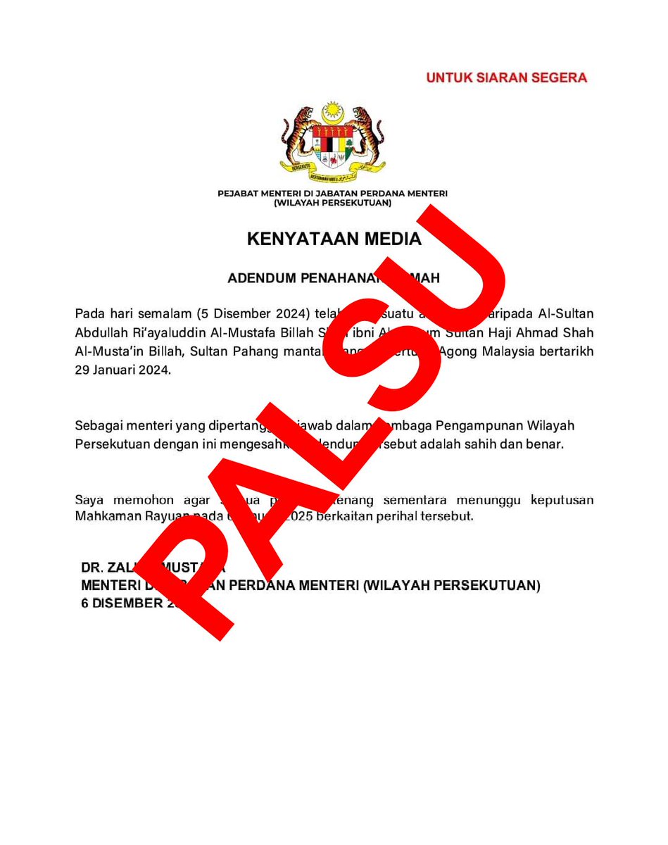 DrZalihaMustafa's tweet photo. Untuk makluman, kenyataan media ini adalah palsu dan tidak pernah dikeluarkan oleh saya.

Ini adalah satu tindakan yang tidak bertanggungjawab. Saya akan mengambil tindakan undang-undang kepada sesiapa yang mengeluarkan dan menyebarkan kenyataan media palsu ini. https://t.co/DFfQTUPYLo