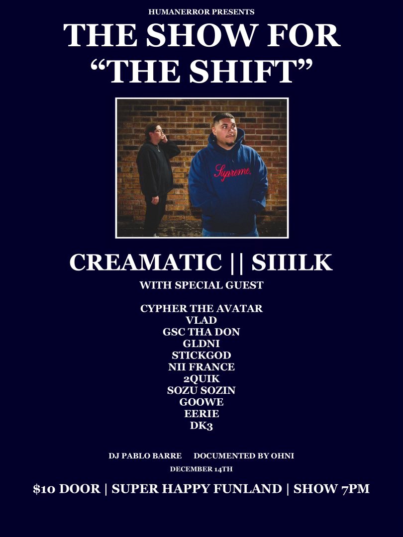 The shift Live at superhappyfunland

We have acts that’ll perform, people that will network and much more 

Come close out the year with us and have a great night 

No one has found the gold sticker so the 100 bucks is still in one of these cds!!