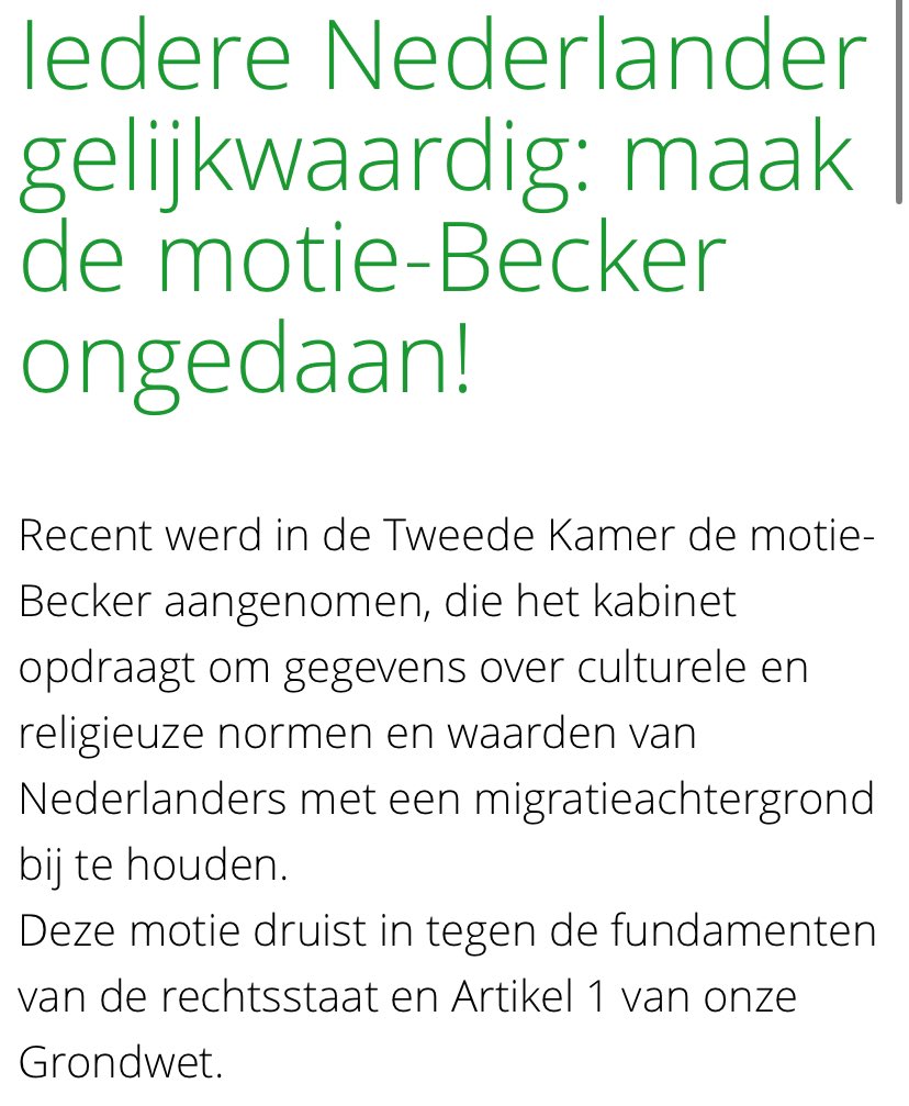 De Tweede Kamer nam een motie aan die NL’ers met migratieachtergrond wil controleren op normen en waarden.

Dit druist in tegen de rechtsstaat en Art. 1 van de Grondwet.

Veel mensen zijn boos. Daarom heb ik een petitie aangemaakt.

Teken en deel hier:
petities.nl/petitions/iede…