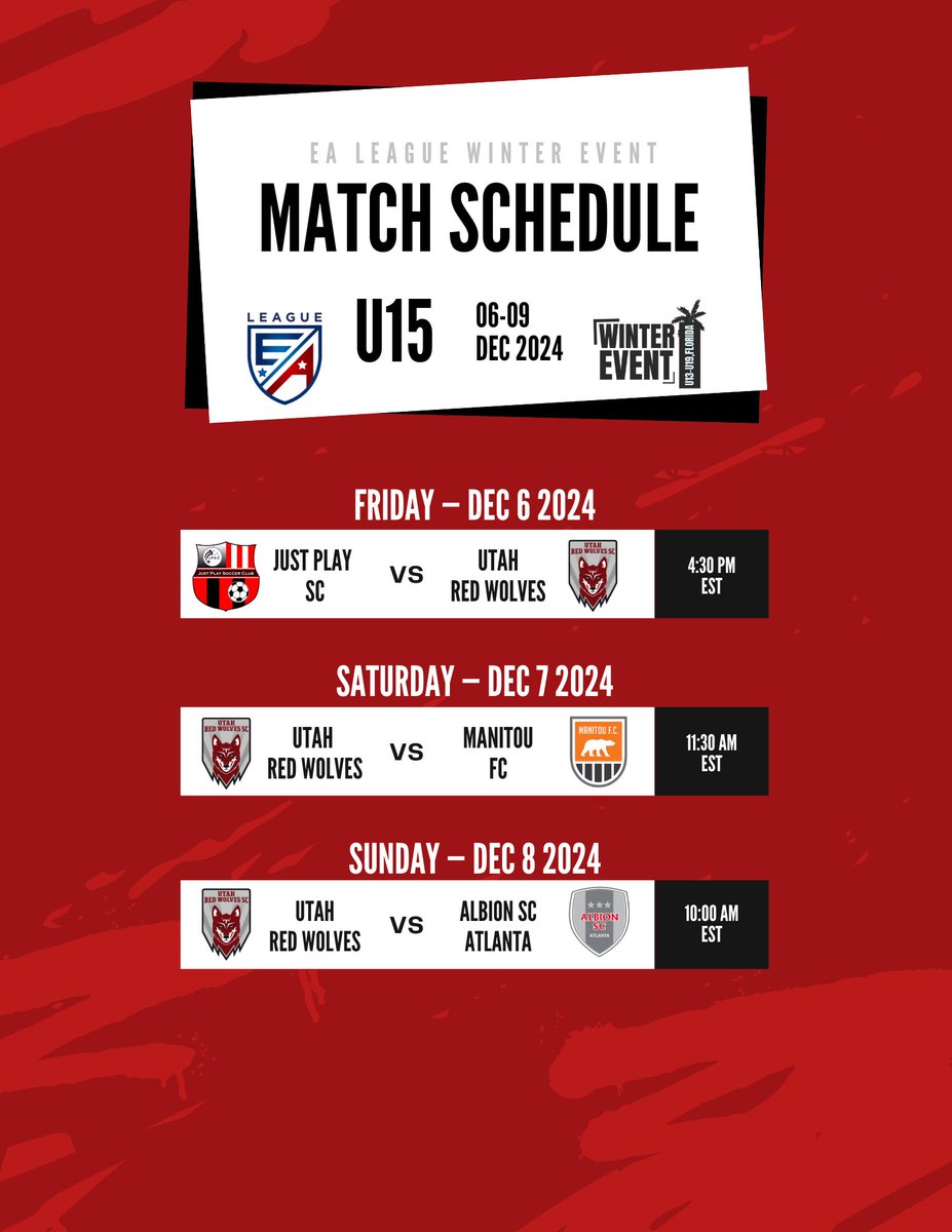 UTRedWolvesSC's tweet image. Our U15 and U16 teams are competing at the @EliteAcademyL Winter event in Lakewood Ranch FL. Let&apos;s see some more wins this weekend in FL!

Up The Wolves 🐺 ⚽️

#RedWolves #PathToPro #EAWinter24 #Academy #utahredwolves #DaleRedWolves #DefendTheDen #everygamecounts #PackTheDen
