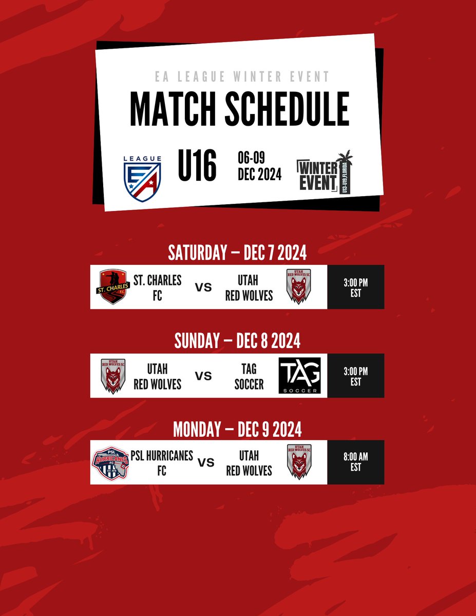 UTRedWolvesSC's tweet image. Our U15 and U16 teams are competing at the @EliteAcademyL Winter event in Lakewood Ranch FL. Let&apos;s see some more wins this weekend in FL!

Up The Wolves 🐺 ⚽️

#RedWolves #PathToPro #EAWinter24 #Academy #utahredwolves #DaleRedWolves #DefendTheDen #everygamecounts #PackTheDen