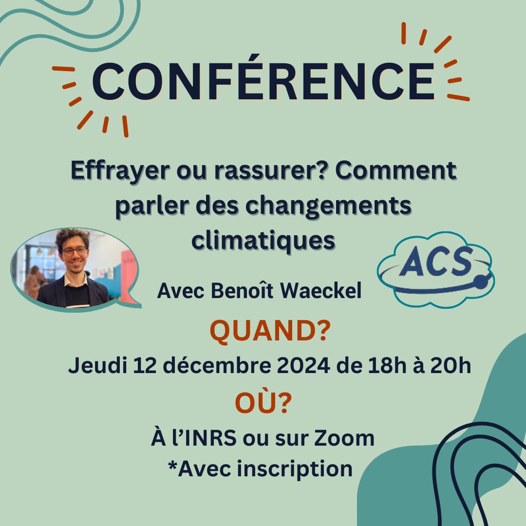 🌎 L’ <a href="/ACS_Qc/">ACS</a> nous gâte encore une fois avec une superbe conférence par Benoît Waeckel, spécialiste en changements climatiques. 

✏️ Inscris-toi sur le site de l’ACS pour ne pas manquer cette formation introspective et inspirante!

acs.qc.ca/evenements/eff…