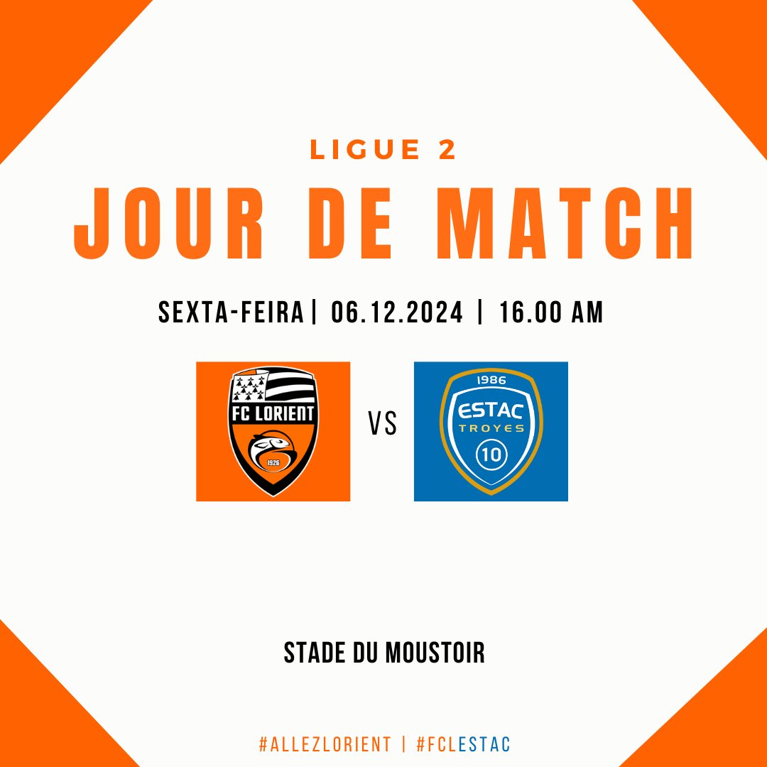 FCL_Brasil's tweet image. HOJE É DIA DE LORIENT!!!!!!

🆚| Troyes
🏆| Ligue 2 (R15)
⏰| 16h00🇧🇷 | 20h00 🇫🇷
🏟️| Stade du Moustoir

#AllezLorient 🟠⚫️ | #FCLESTAC