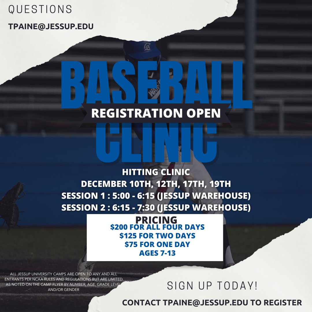 Jessup_BASE's tweet photo. Registration now open! Sign up today for our December hitting clinics. Email tpaine@jessup.edu for more information and to register. https://t.co/y4sLLuJRoJ