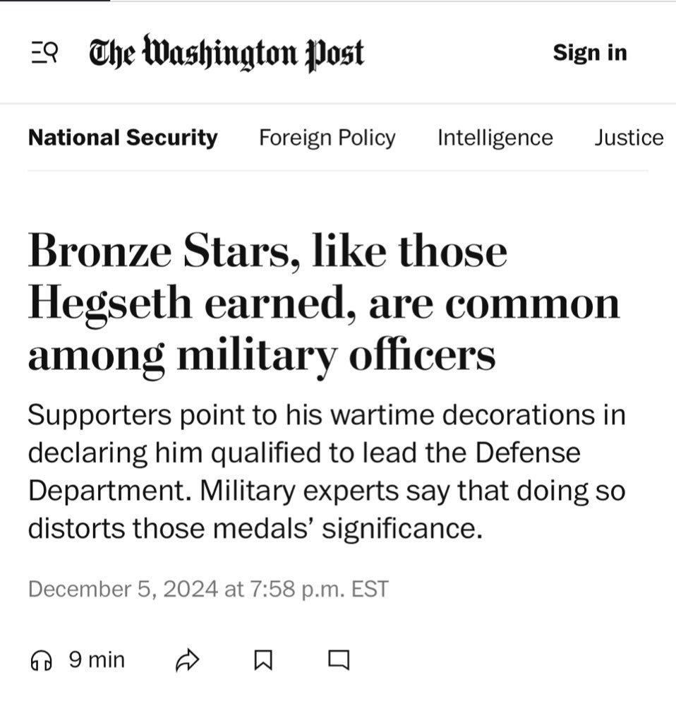 SonofHas's tweet image. When Biden awarded the Bronze Star to an intelligence analyst, @Washingtonpost called it “one of the Army’s most prestigious awards” 

But when @PeteHegseth earns two of them, WaPo says “Actually, they’re pretty common”

It’s (D)ifferent for some people