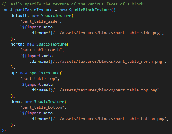 SpadixMC's tweet photo. Hello all! We’ve got another cool feature to show off!
With the original add-on format, it can get messy when you have to define various definitions across multiple different files; Spadix allows you to define textures and textures for said block in the same file. https://t.co/RlhDD7NSgk