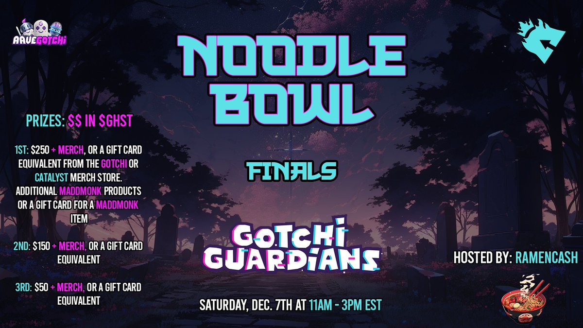 What do you get when you mix ghosts, art basel, and Catalyst?

You get a MF live + virtual Gotchi Guardian showdown!

Here are the finalists from the qualifiers:
1. <a href="/Makloco89/">EKO NightShade</a> 
2. <a href="/DanHughes028/">𝔇𝔞𝔫</a> 
3. <a href="/MunozJhonnn/">Dam</a> 
4. @yawnskii456 
5. <a href="/dabiNFT/">Dabi | Nightshade</a> 

Deetz:
📅12/7/24
⏰ 11am EST
🗺️