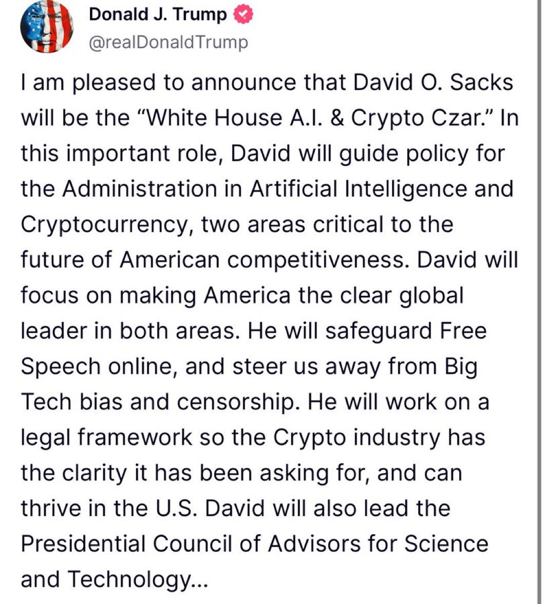 Congratulations to <a href="/DavidSacks/">David Sacks</a> for being named the first “Crypto Czar”. Here’s our Bitcoin First policy wishlist for the Trump Administration.

1. Strategic Bitcoin Reserve.
2. No tax on Bitcoin.
3. Guarantee the right to self-custody.
4. No KYC for Bitcoin.
5. Limit SEC actions