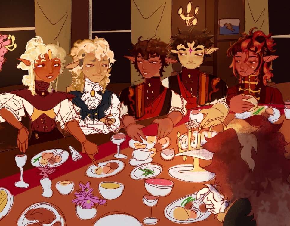 zeeteroni's tweet photo. A slightly older WIP I've been looking forward on working on again. These are all autumn eladrin my dnd character has taken on throughout our year long campaign! 

#art #artmoots #dnd #eladrin #autumneladrin #dungeonsanddragons #elves #elf #dinner #digital #artist https://t.co/76uOZXUnp6