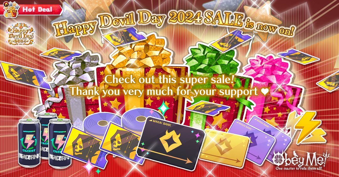 ObeyMeOriginal's tweet image. Happy Devil Day 2024 Sale is now on!
Don&apos;t miss out on this big sale! Thank you very much for your support ♥

#HDD2024 #Obeyme #obeymemasters #obeymejp #SWD #otome #game