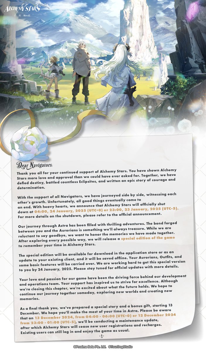 AlchemyStarsEN's tweet image. As a final thank you, we've prepared a special story and a bonus gift to commemorate our journey through Astra, starting 13 Dec.
We will always treasure the bonds forged with Navigators and will release a special edition to remember your time in Alchemy Stars.
#AlchemyStars