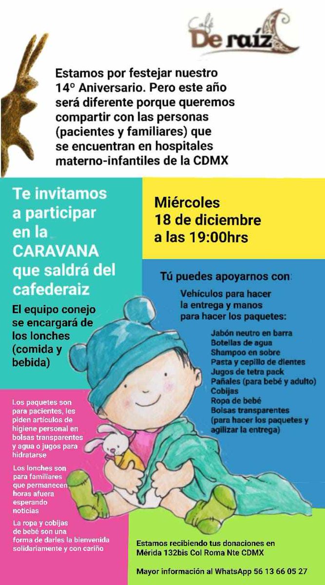 El Conejo sabe que el frío empezó y por eso este año en nuestro aniversario queremos apapachar a la gente que se encuentra en los hospitales llevarles cena y cosas que necesitan.Y que mejor que hacerlo en compañía de las personas que nos han acompañado a lo largo de éstos 14 años