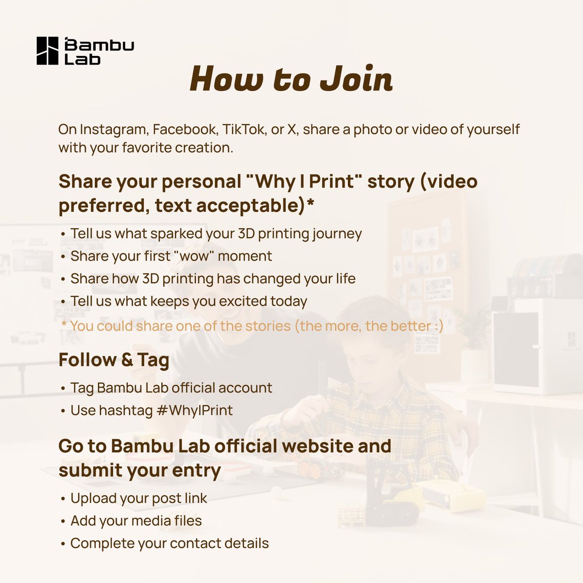 BambulabGlobal's tweet photo. ✨We're excited to launch our global #WhyIPrint campaign, celebrating the people and stories behind every print: https://t.co/EzV9FQrQd1 From December 5th to January 12th, share your journey and inspire others. #3DPrinting #BambuLab https://t.co/6w8IwMl6D8