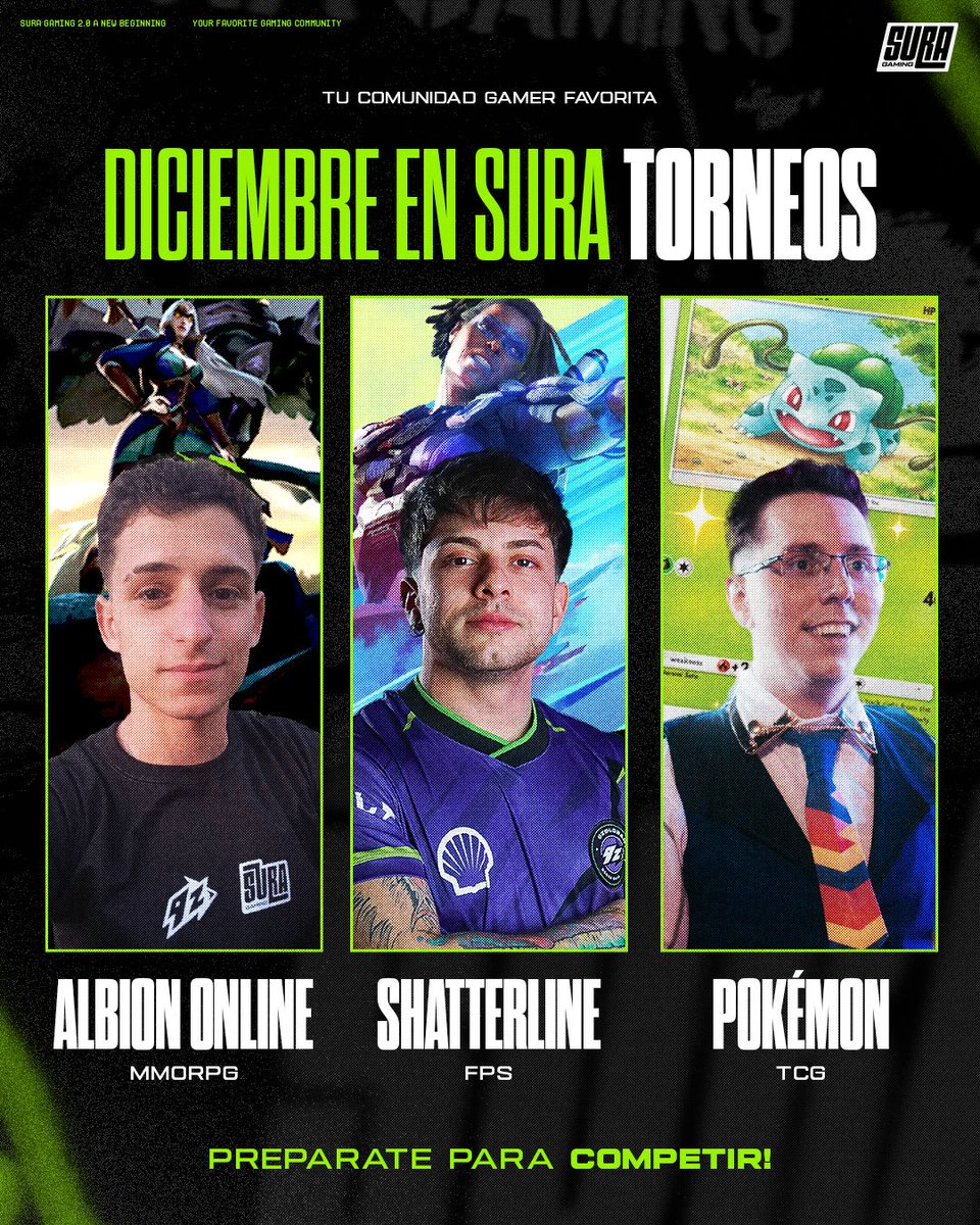Diciembre se viene tryhard! 🏆

Te traemos 3 torneos para que participes con tus influencers favoritos!

⚔️ <a href="/albiononline/">Albion Online</a> ft. <a href="/damian_liway/">ElPelotasssss</a> 
🔫 <a href="/ShatterlineFPS/">Shatterline FPS</a> ft. <a href="/FrankkasterX/">Francisco Postiglione</a> 
🃏 <a href="/PokemonTCGP/">Pokémon TCG Pocket</a> ft. <a href="/LuciusHellsing/">Lucius Hellsing</a> 

Hay hasta $2000 USD en premios esperándote! Atentos a los