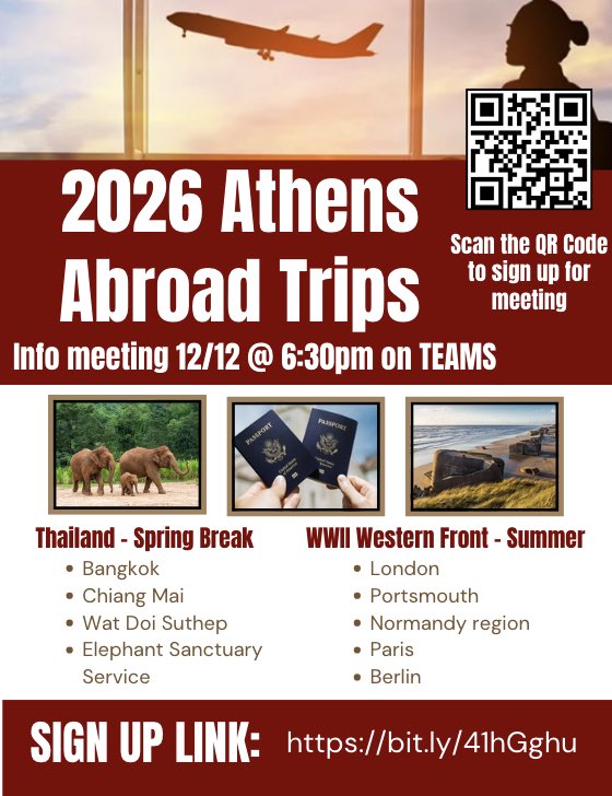 Learn about our AMAZING 2026 educational tour opportunities! Scan the QR code below to RSVP for the online meeting 12/12.  Spaces are filling fast! ✈️🇹🇭🐘🇬🇧🇫🇷🇧🇪🇩🇪🇦🇹