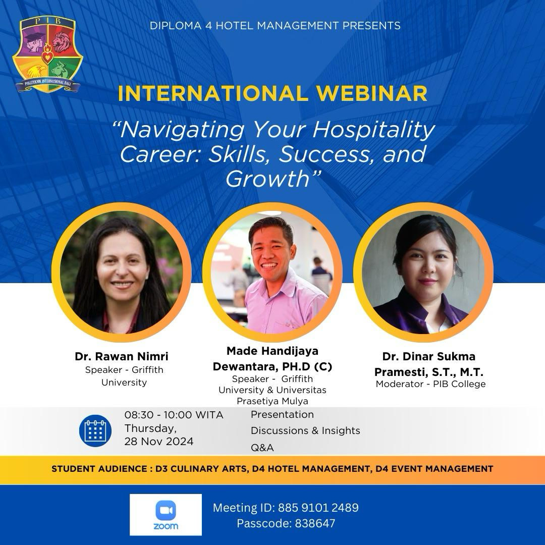 On 28 Nov 2024, Dr. Rawan Nimri &amp; PhD scholar Made Handijaya Dewantara shared insights at a Politeknik Internasional Bali webinar on "Navigating Your Hospitality Career." 🌟 From career planning to global leadership, they inspired students &amp; faculty to aim higher.