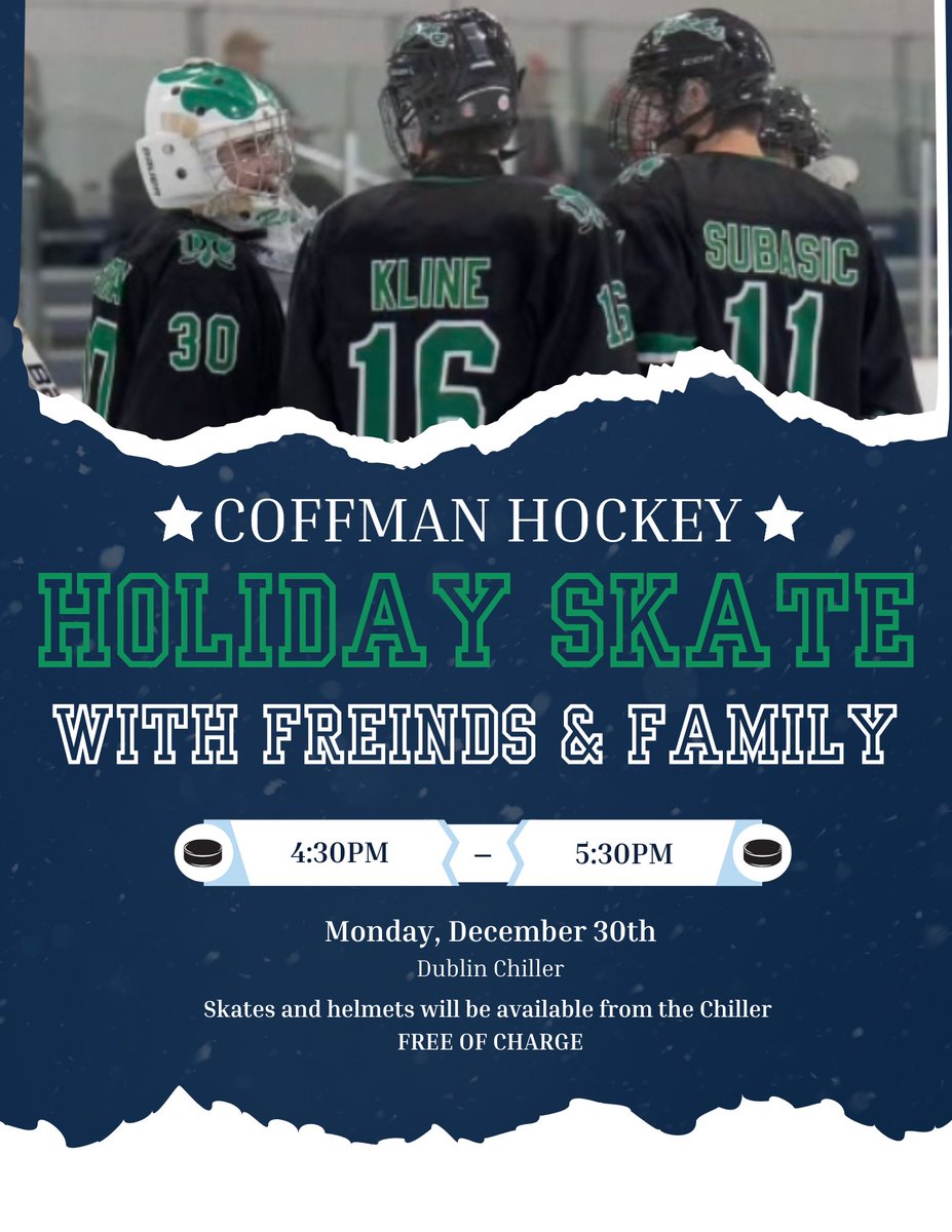 EVERYONE IS WELCOME! Come join the Hockey team at Holiday Skate Night, free helmets and skates will be provided!
