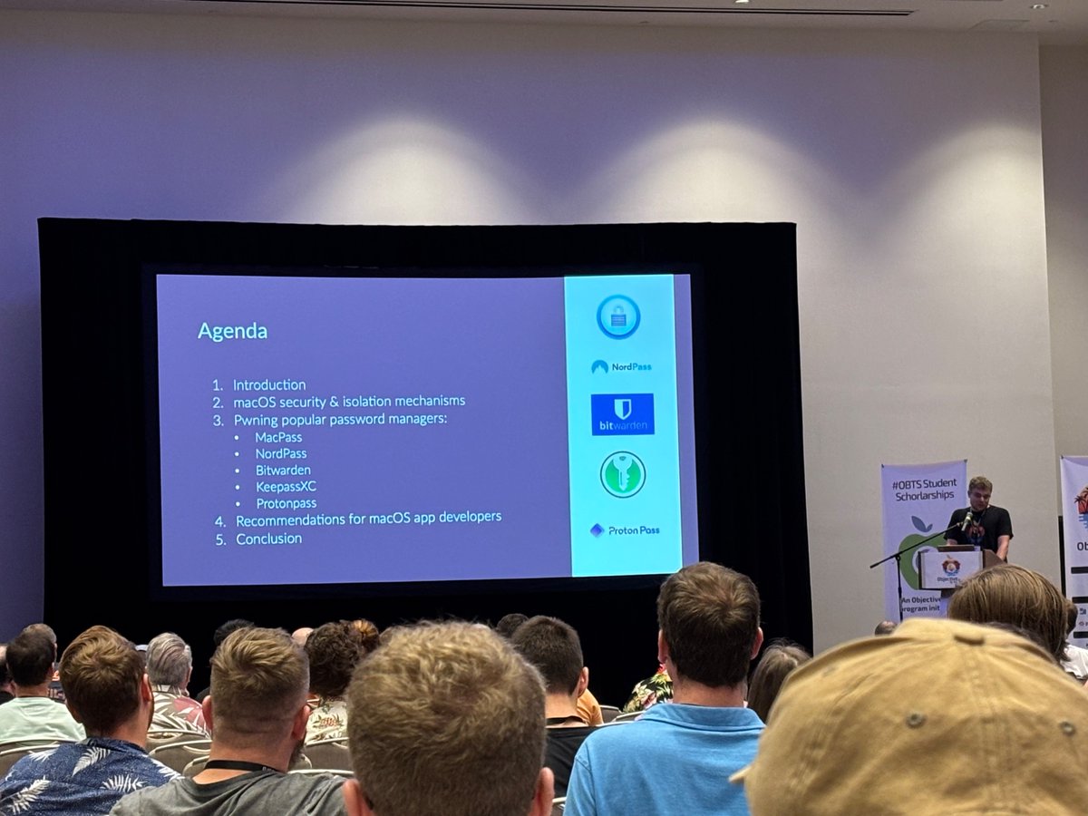 kieczkowska@infosec.exchange 🇺🇦 (@kieczkowska) on Twitter photo Excited for <a href="/_r3ggi/">Wojciech Reguła</a> ‘s talk on password manager security on macOS at #OBTSv7 now 🙏 #OBTS Excited for <a href="/_r3ggi/">Wojciech Reguła</a> ‘s talk on password manager security on macOS at #OBTSv7 now 🙏 #OBTS