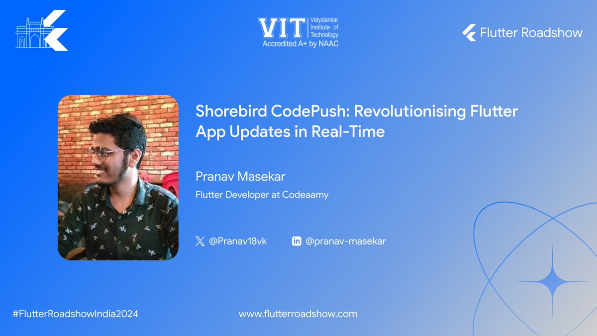 FlutterRoadshow's tweet image. 📢 Flutter Roadshow India 2024 Alert!
Join Pranav Masekar (@Pranav18vk ), Flutter Developer at @codeaamy , as he presents:
"Shorebird CodePush: Revolutionising Flutter App Updates in Real-Time" 🚀
📅 Event Date: 8th December 2024
📍 Venue: VIT, Mumbai