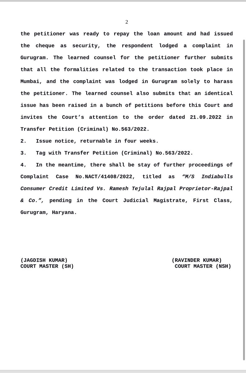 Supreme Court stays cheque bounce case when it is filed to some other far place harass person .
Entire transaction of loan, disbursement of loan , all documentation took place at Mumbai , branch of bank also at Mumbai but case filed in gurugram.
Banks shall face Action