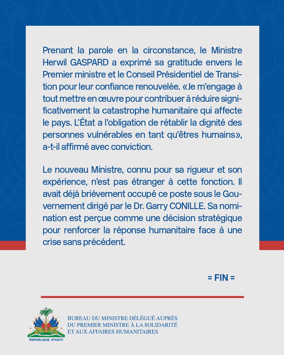 MDSAH_HT's tweet photo. Le Ministre Herwil Gaspard installé a son poste par le Premier ministre.
#humanitaire #solidarités @PrimatureHT @herwilgaspard https://t.co/kx8AzfdE2Y