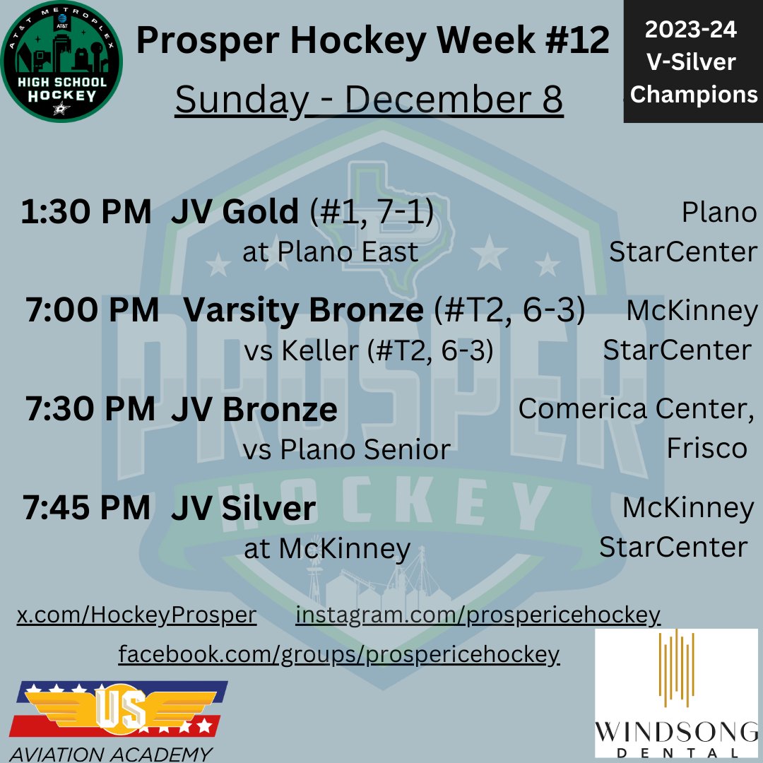 Three JV games and a Varsity game make for a busy Sunday!!! See you at the Rink!!! #GoProsper 
<a href="/ProsperHS/">Prosper High School</a> <a href="/RockHillHS/">Rock Hill High School</a> <a href="/WalnutGroveHS/">Walnut Grove High School</a> <a href="/RockHillMedia/">Rock Hill Media</a> <a href="/EagleNationNews/">Eagle Nation Network</a> <a href="/TheGroveMedia/">Grove Media</a> <a href="/ProsperHaysMS/">Hays Middle School</a> <a href="/PISDReynolds/">Reynolds Middle School</a> <a href="/ProsperRogersMS/">Rogers Middle School</a> <a href="/ProsperRushing/">Rushing Middle School</a> <a href="/ProsperISD/">Prosper ISD</a>