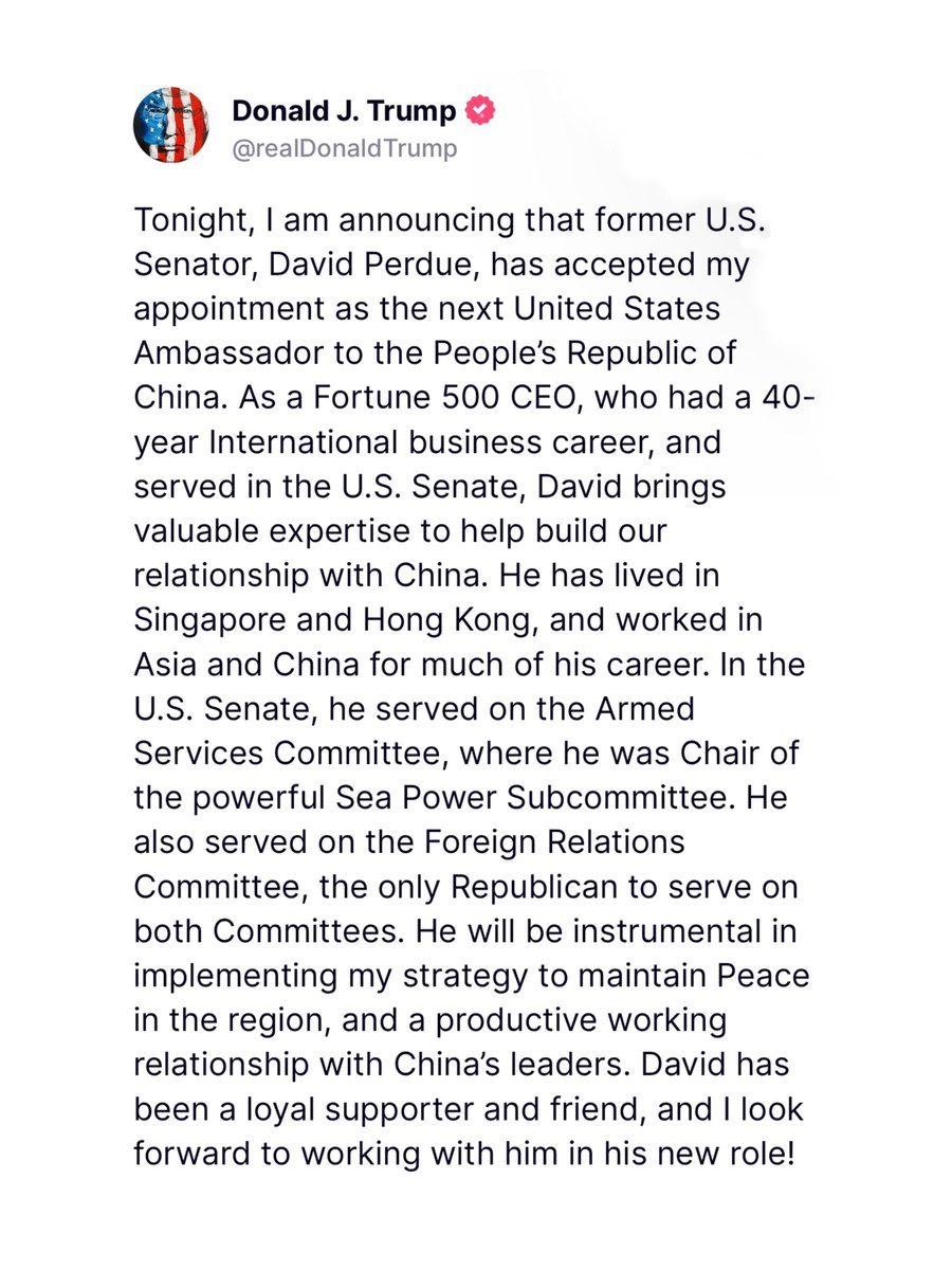 TrumpWarRoom's tweet photo. 🚨 President Trump announces that @DavidPerdueGA has accepted his appointment as the U.S. Ambassador to the People’s Republic of China. https://t.co/pMq7cMLKdk