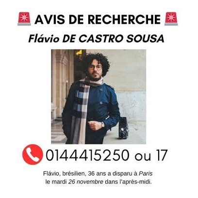 gimsbrasil's tweet photo. ⚠️

Flávio de Castro Sousa, 36 ans, est un photographe brésilien qui s'est rendu à Paris le 26 novembre pour réaliser des travaux. Il a disparu. Si vous avez des informations ou avez vu ce type, veuillez contacter le numéro indiqué sur l'image! https://t.co/J5emyP7XcR
