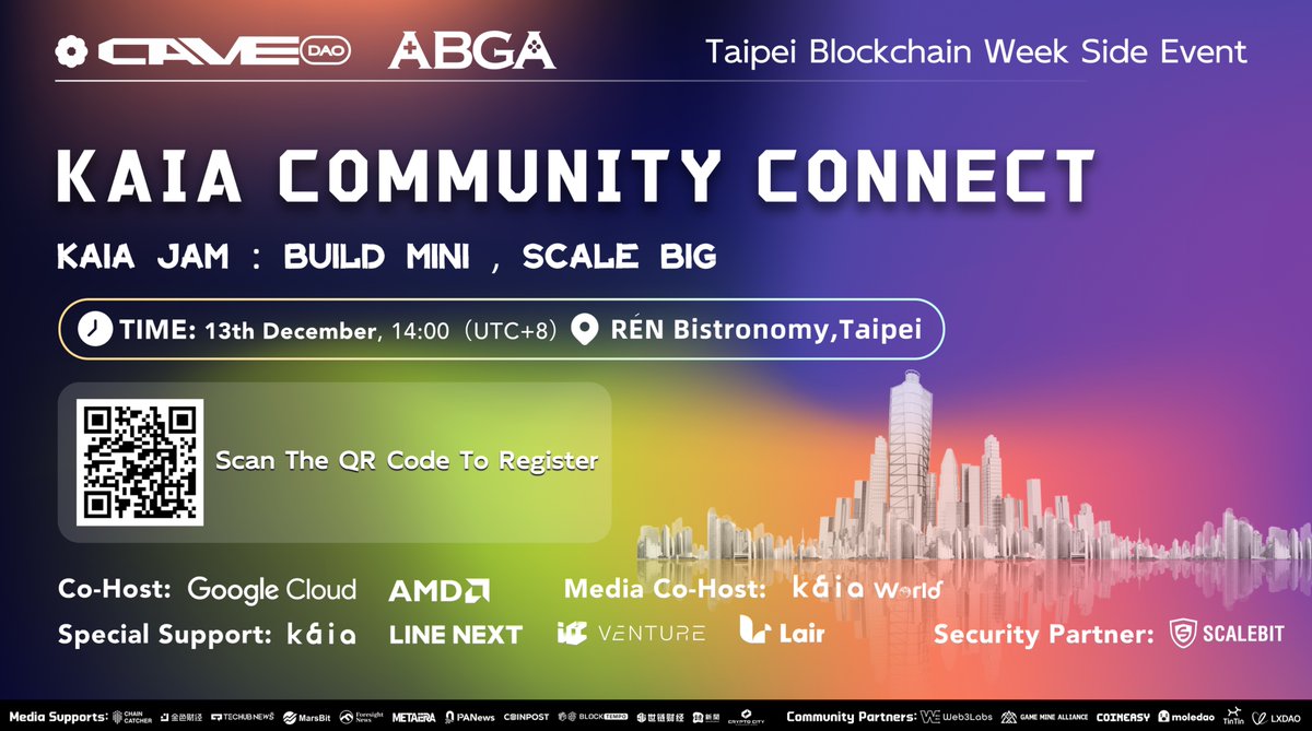 7 Days to Go! Just one week until Kaia Community Connect at #TaipeiBlockchainWeek! 🎉

🔗Register here: lu.ma/uqnsa9nm

🗓️Date: 13th December, 2024
⏰Time: 2:00 PM - 5:30 PM (UTC+8)
📍Venue: Ren Bistronomy

🌍Hosts: ABGA, <a href="/CaveDAO_org/">CaveDAO👾</a>
💎Co-Hosts: <a href="/googlecloud/">Google Cloud</a>, <a href="/AMD/">AMD</a>