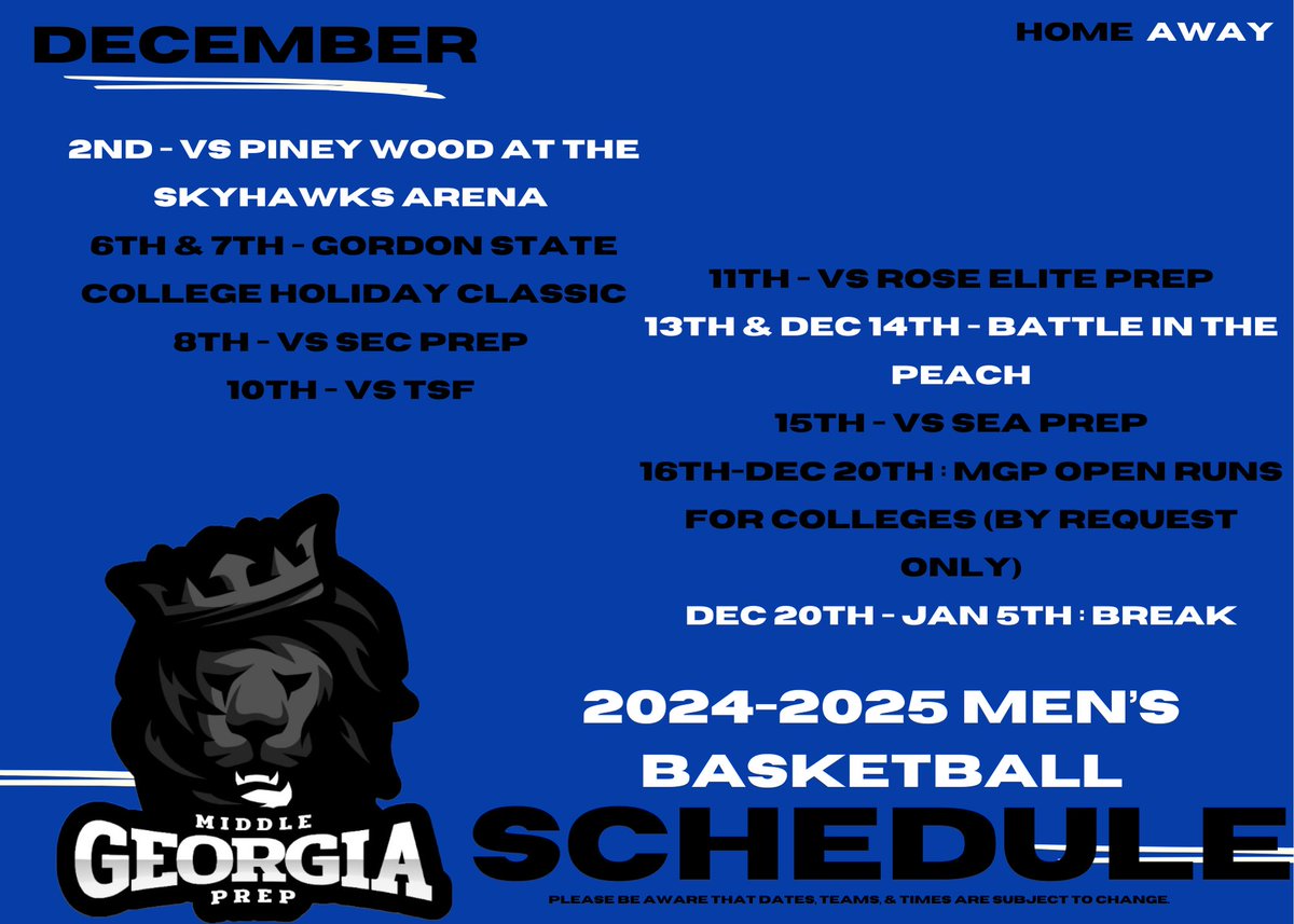 Our Schedule for the Month of December ! 

🦁🏀Ⓜ️
#MGP