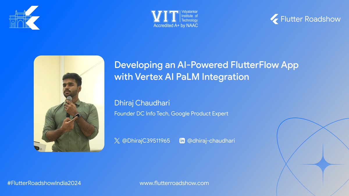 FlutterRoadshow's tweet image. 📢 Flutter Roadshow India 2024 Alert!
Join Dhiraj Chaudhari (@DhirajC39511965), Founder of DC Info Tech and Google Product Expert, as he presents:
"Developing an AI-Powered FlutterFlow App with Vertex AI PaLM Integration"
📅 Event Date: 8th December 2024
📍 Venue: VIT, Mumbai