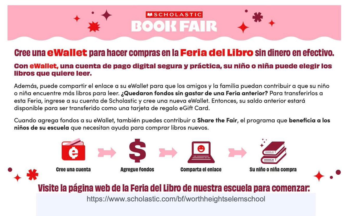 Here the webpage link that will take you where you need to go to set up an e-wallet for the Book Fair. I am also attaching instructions in English and Spanish below.

bookfairs.scholastic.com/content/fairs/…